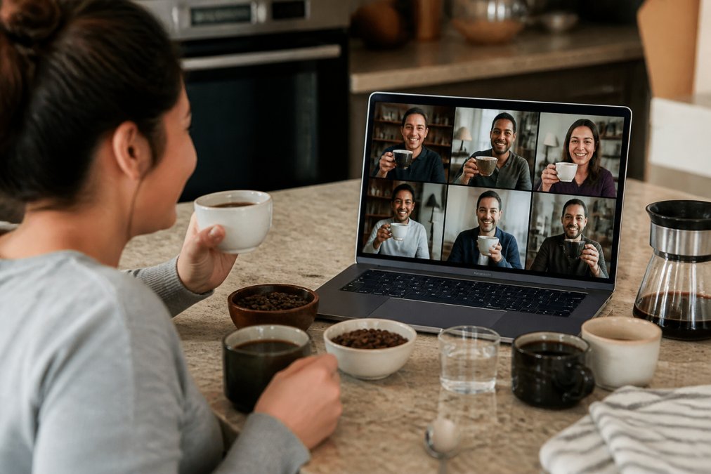Diagram showing steps for a virtual team building event using artisan coffee tasting kits and video calls.