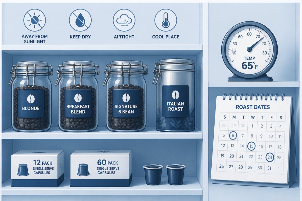 Kitchen shelf with multiple airtight glass and metal coffee containers arranged in dim lighting away from direct sunlight, with a thermometer visible showing 65 degrees, and a calendar marking roast dates