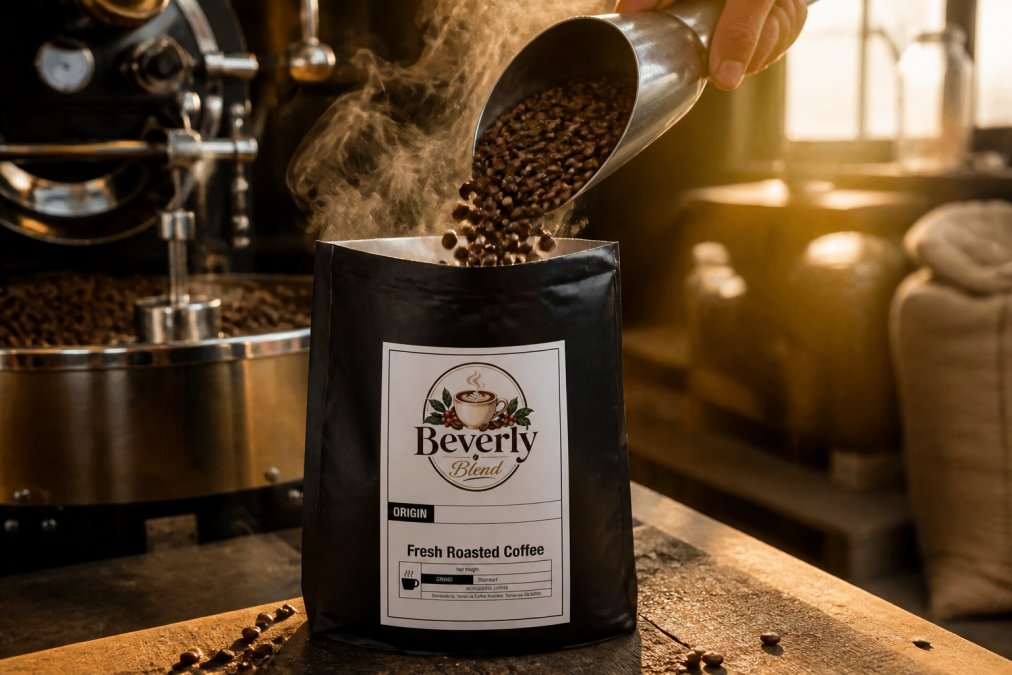 Close-up of freshly roasted artisan coffee beans being poured into a kraft paper bag with visible roasting date label, steam rising from the beans in warm morning light