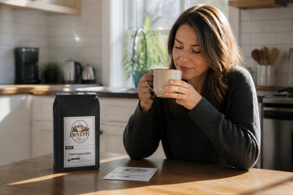 Person at home sitting at kitchen table holding a coffee cup with tasting notes card nearby, morning sunlight streaming through window, evaluating the coffee