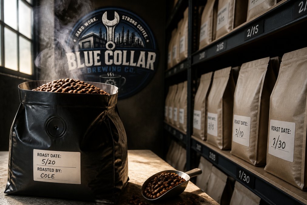 Close-up of freshly roasted coffee beans in a Blue Collar Brewing bag with visible roast date label, steam rising, contrasted with a shelf of aged grocery store coffee bags in dim warehouse lighting