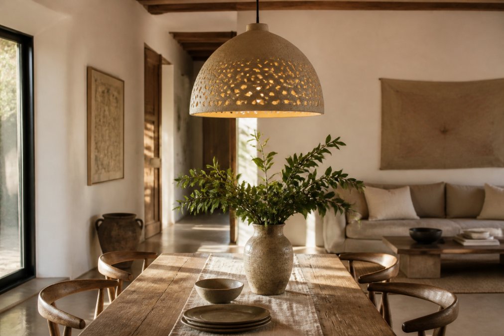 A sunlit modern living room featuring a handcrafted ceramic pendant light glowing above a rustic wooden dining table, styled with linen textiles and greenery