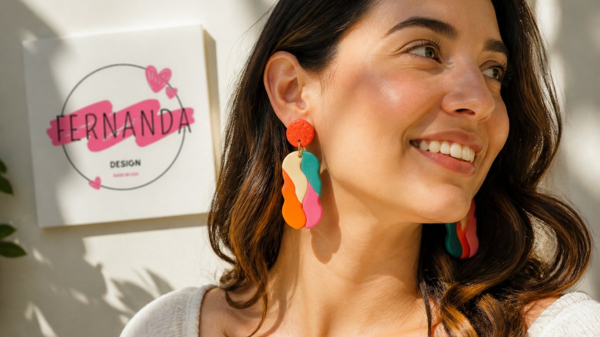 Close-up of a person wearing vibrant handcrafted statement earrings with flowing sculptural forms, showing the artisan details and unique colors with natural sunlight illuminating the craftsmanship