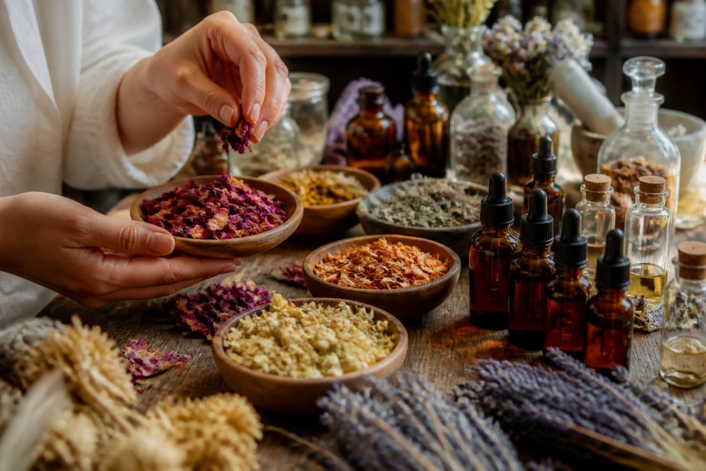 Close-up of artisan perfumer's hands selecting and arranging rare botanical ingredients, essential oils in amber glass bottles, and dried botanicals on a wooden workbench with soft natural lighting