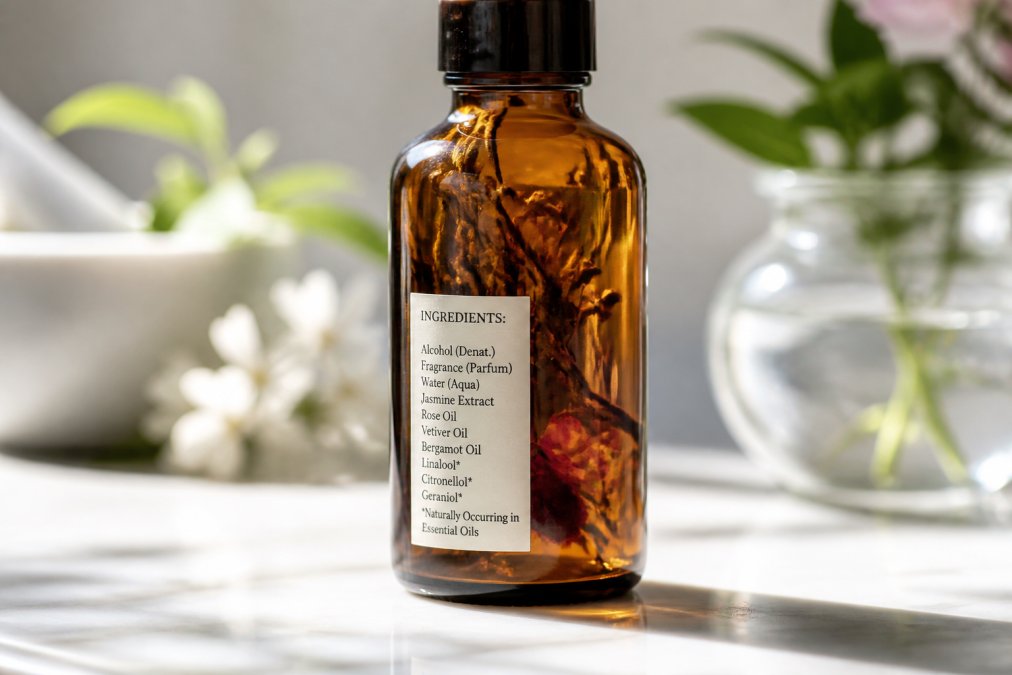 Close-up of amber glass fragrance bottle with visible botanical ingredients and ingredient label showing transparency, natural lighting on white surface