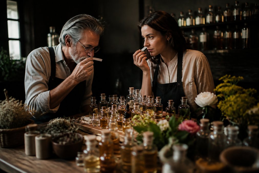 Close-up of a perfumer's wooden workbench with glass vials of amber and green botanical oils, fresh flowers, and raw materials in soft, cinematic lighting