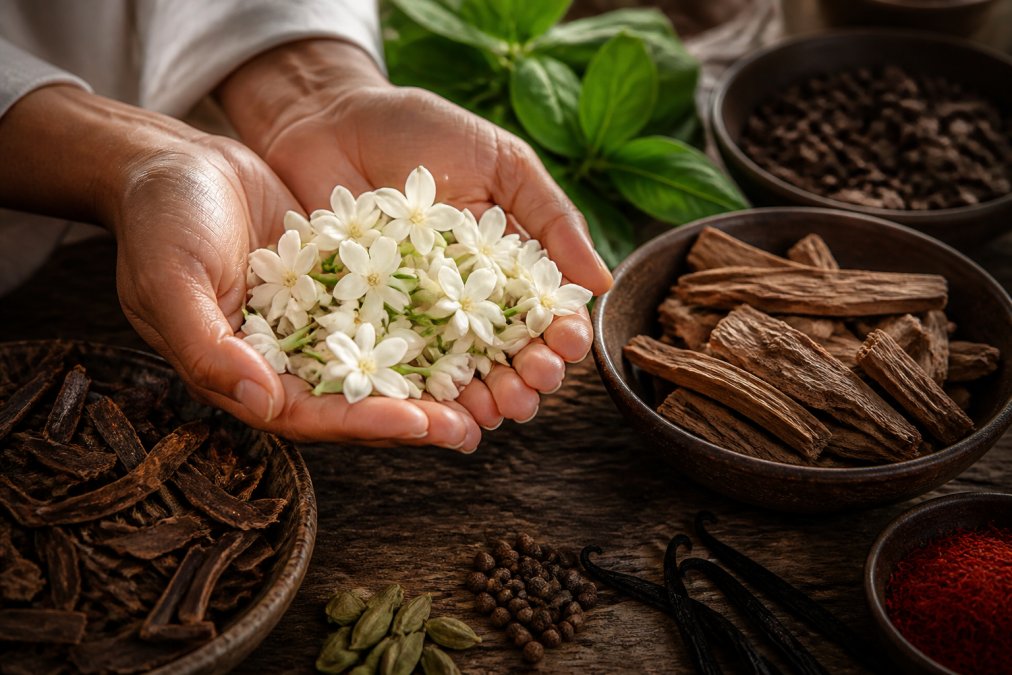 Close-up of hands holding premium botanical ingredients including jasmine flowers, oud wood chips, and rare spices arranged on a wooden surface in warm natural light, showcasing the artisanal sourcing process