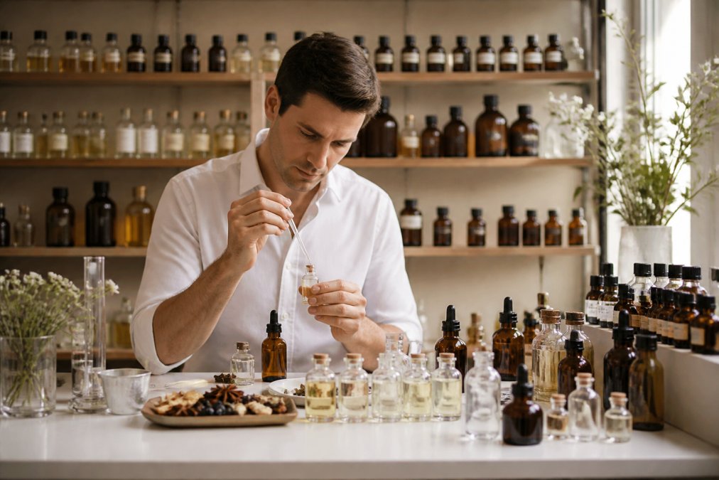 Master perfumer in a small, well-lit fragrance laboratory carefully blending rare essences in glass bottles, with organized shelves of amber and clear bottles containing raw materials visible in soft background lighting