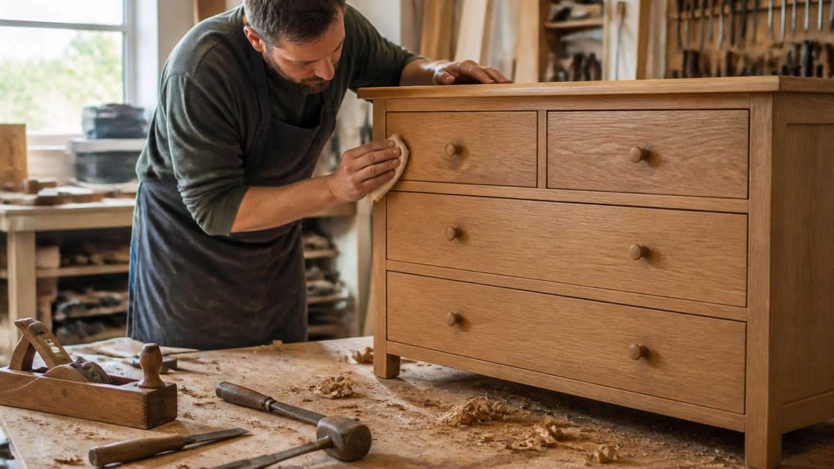 A craftsman in a bright woodworking workshop hand-finishing an oak chest of drawers, wood shavings on the bench and hand tools laid out nearby