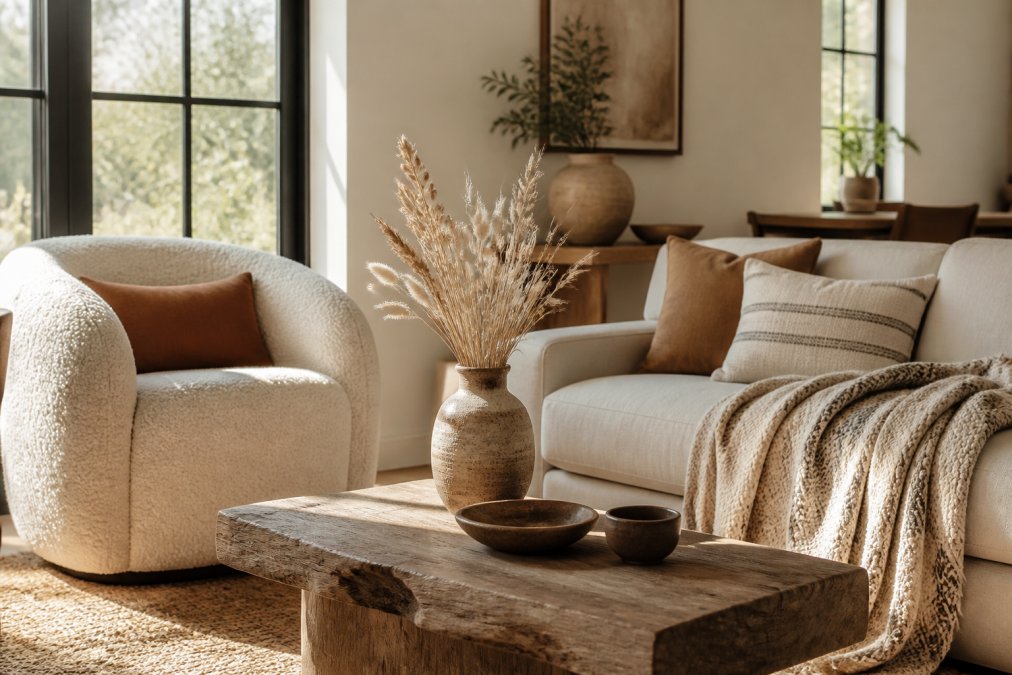 Infographic visualizing sustainable artisan home decor trends for 2026 featuring natural textures and earthy tones.