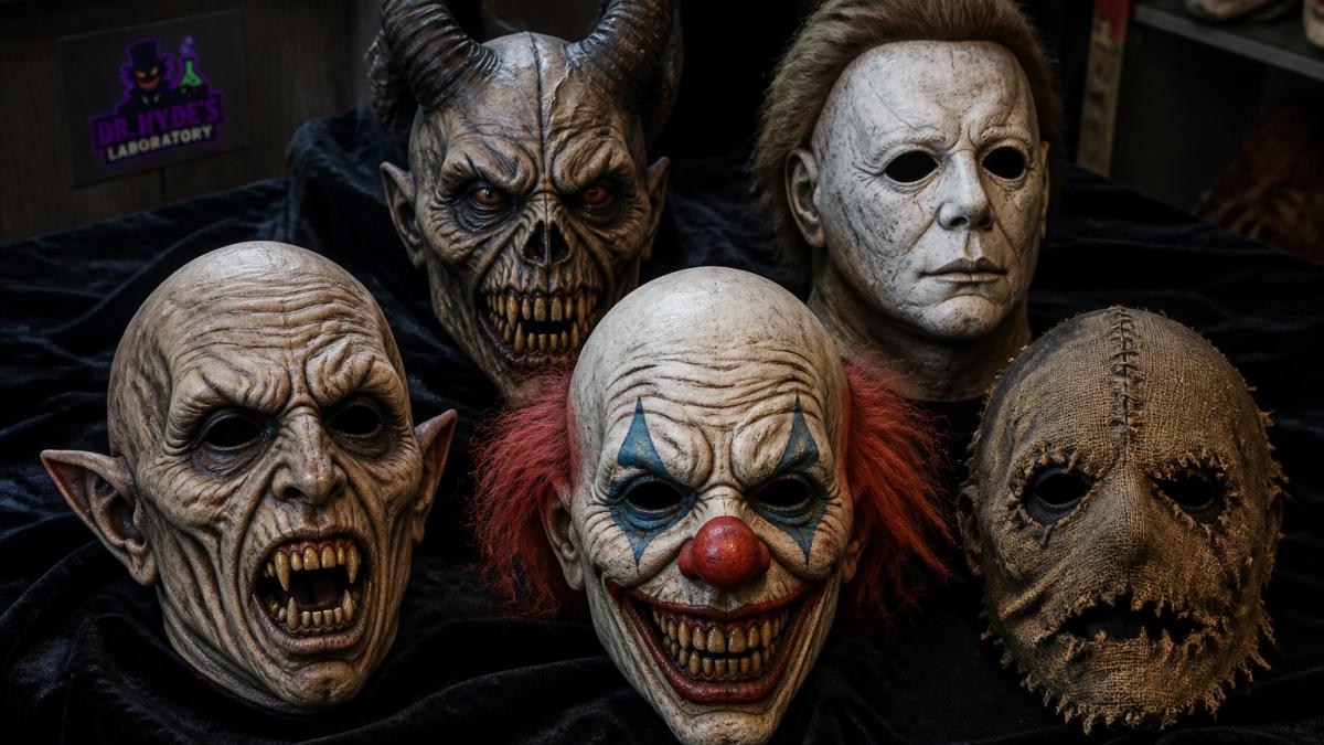 Close-up arrangement of five premium horror masks displayed on dark velvet surface, showing varied latex textures, hand-painted details, sculpted demon horns, movie character features, and realistic aging effects under dramatic studio lighting