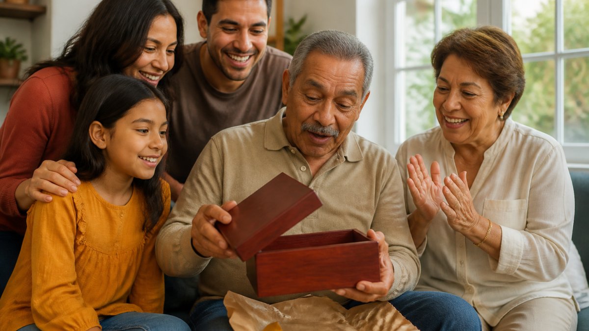 A parent opening a beautifully wrapped artisan gift with genuine joy and emotion on their face, surrounded by family members in a warm, cozy home setting with soft natural lighting streaming through windows