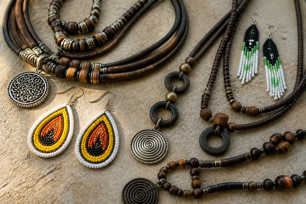 Close-up of various handcrafted artisan jewelry pieces including beaded earrings, wooden necklaces, and metal pendants arranged on a neutral surface, showing texture and detailed craftsmanship with natural lighting