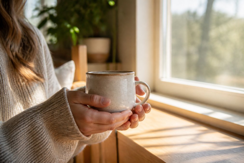 Woman's hands cradling a ceramic mug with inspirational quote, warm morning light streaming through a window, peaceful home setting