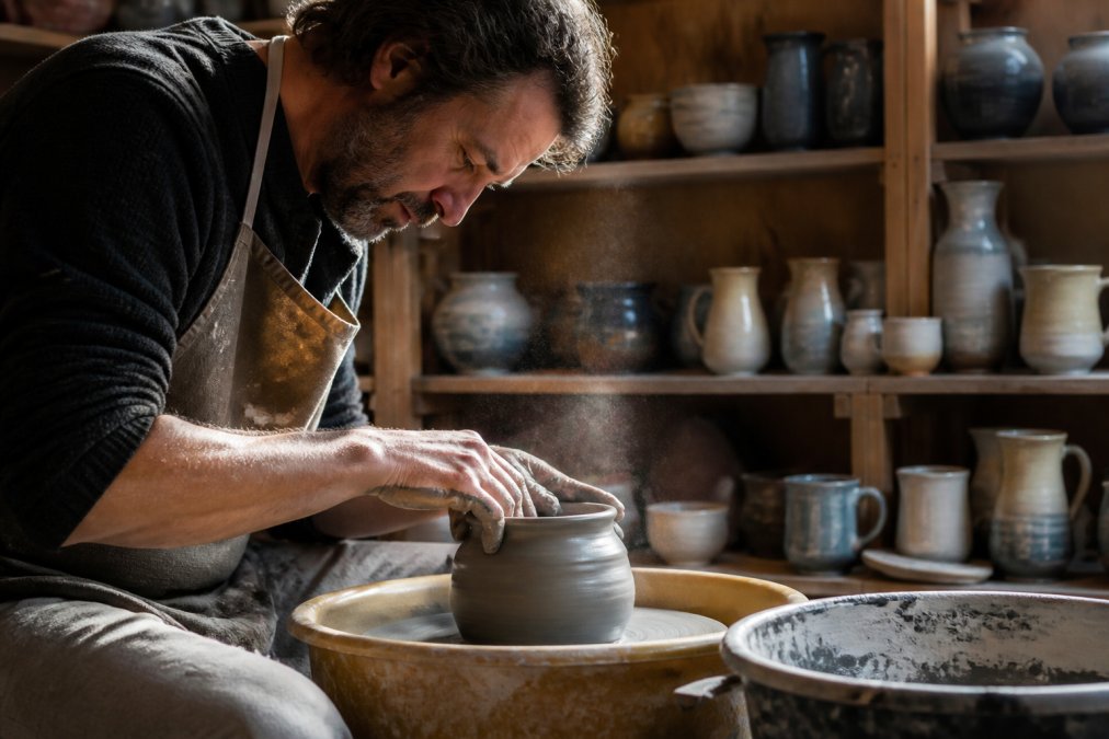 Potter's hands shaping clay on a spinning pottery wheel, clay dust visible in the studio light, with finished handthrown mugs, bowls, and vessels displayed on wooden shelves in the background