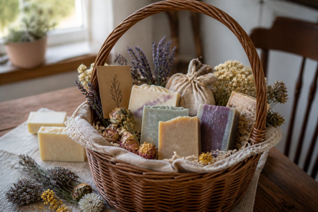 Infographic layout displaying 7 artisan soap gift set ideas with dried flowers and handwritten notes on wood