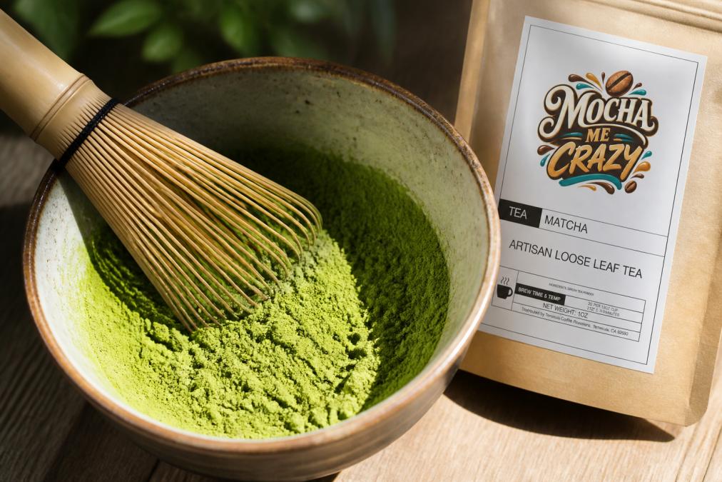 Vibrant emerald-green matcha powder in a ceramic bowl with a traditional bamboo whisk resting on the rim, showing the fine, silky texture and rich color under natural morning light