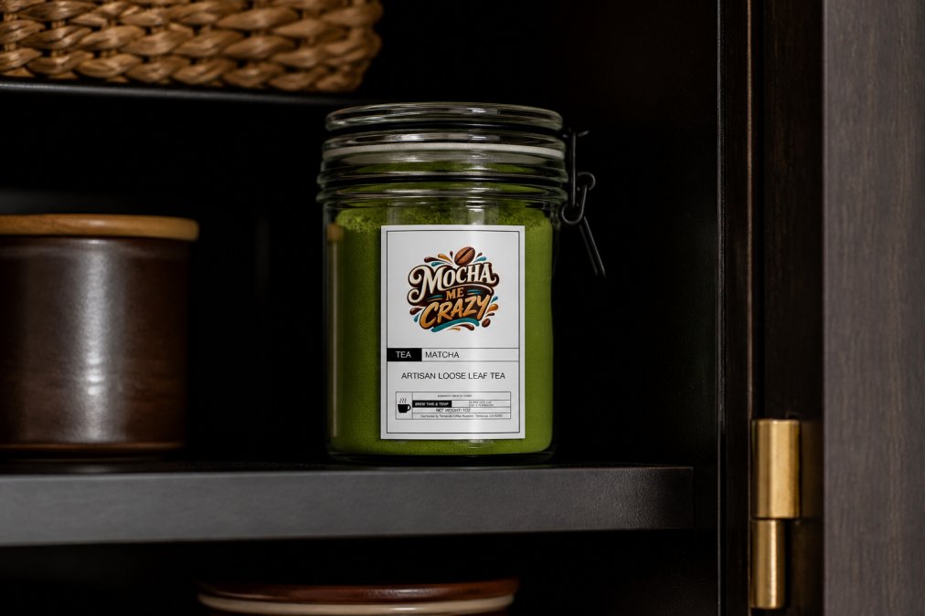 Airtight glass container filled with vibrant green matcha powder, sealed and placed in a cool, dark pantry shelf away from direct sunlight, with soft ambient lighting showing the container's contents