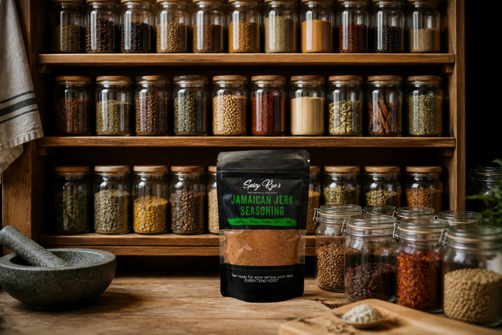 Well-organised spice cabinet with labelled glass jars arranged by colour and type on wooden shelves, clear containers with spice labels visible, natural indirect lighting