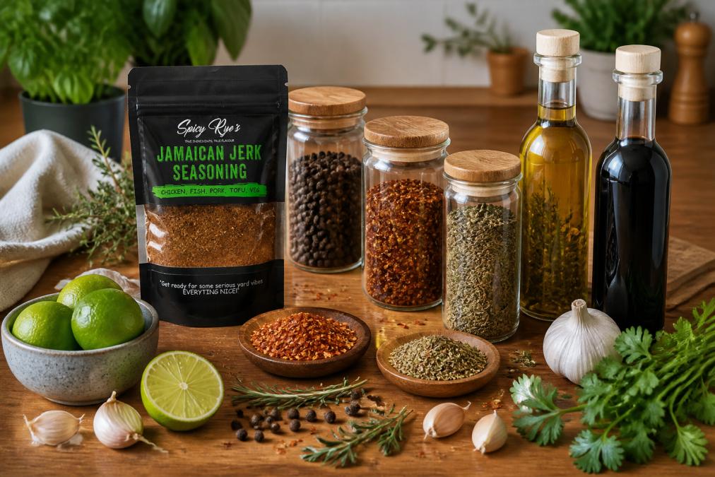 Overhead shot of artisan spice jars and specialty vinegar bottles arranged on a wooden kitchen counter with fresh herbs, limes, and whole spices scattered nearby, warm natural light