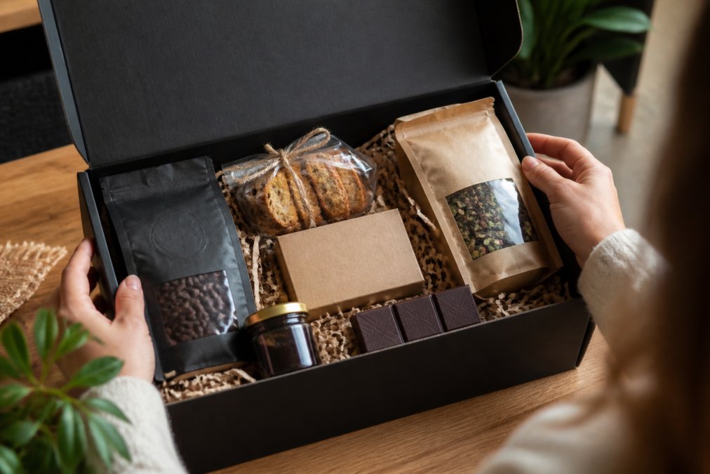 Hands opening a premium gift box containing artisan coffee beans and loose-leaf tea leaves, with elegant branded packaging, information cards, and complementary treats like biscotti and chocolate visible inside, photographed with warm natural lighting