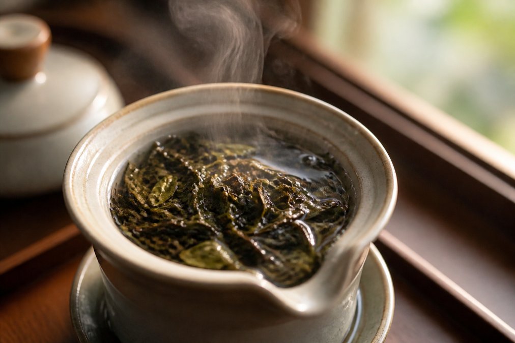 Close-up of loose leaf tea steeping in a ceramic infuser with wisps of steam rising, showing rich color variations and whole leaves, warm natural lighting from a window