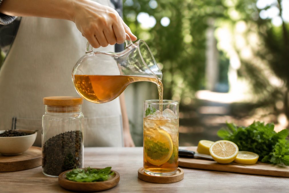 Hands pouring chilled artisan tea over ice into a clear glass with fresh mint leaves and a slice of lemon, outdoor summer setting with dappled sunlight through trees