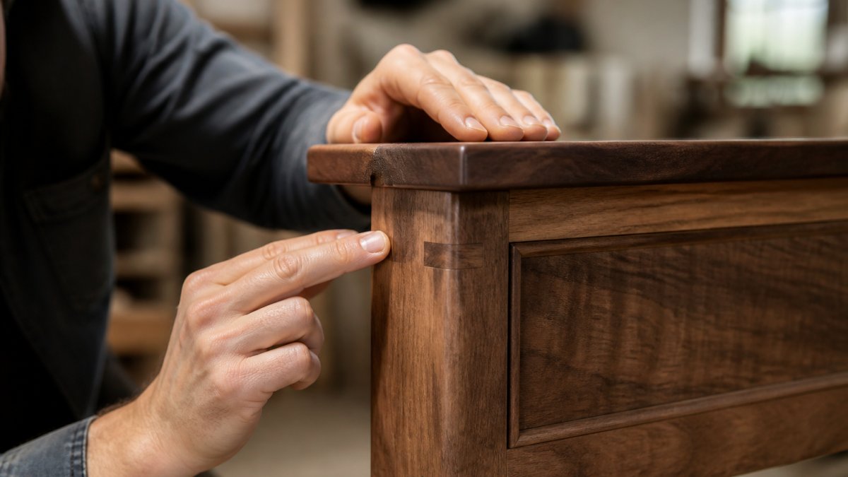 Close-up of hands examining fine details of handcrafted wooden furniture piece, showing wood grain, hand-cut joinery, and artisan finishing in natural workshop lighting