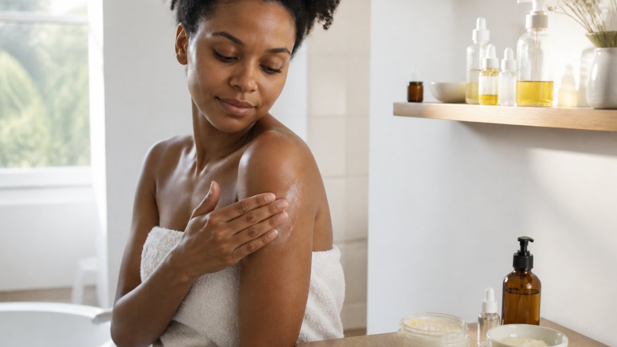 Person applying body butter to arm and shoulder in bright, minimalist bathroom with soft natural light streaming through window, uncluttered shelf with a few glass bottles visible