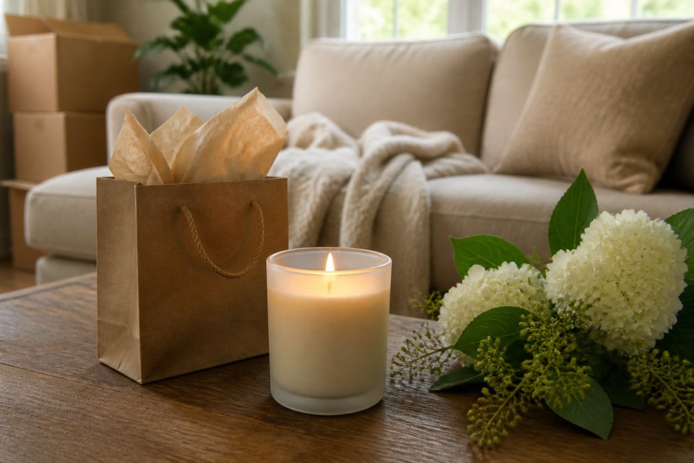 A warmly lit living room with a hand-poured soy candle in a frosted jar on a wooden coffee table, surrounded by a small gift bag and fresh flowers