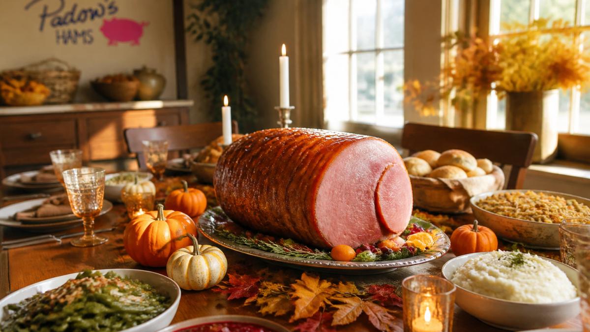 A long wooden Thanksgiving table set with a whole glazed cured ham on a platter as the centerpiece, surrounded by candles, small pumpkins, fall leaves, and family-style serving dishes, warm afternoon light through nearby windows