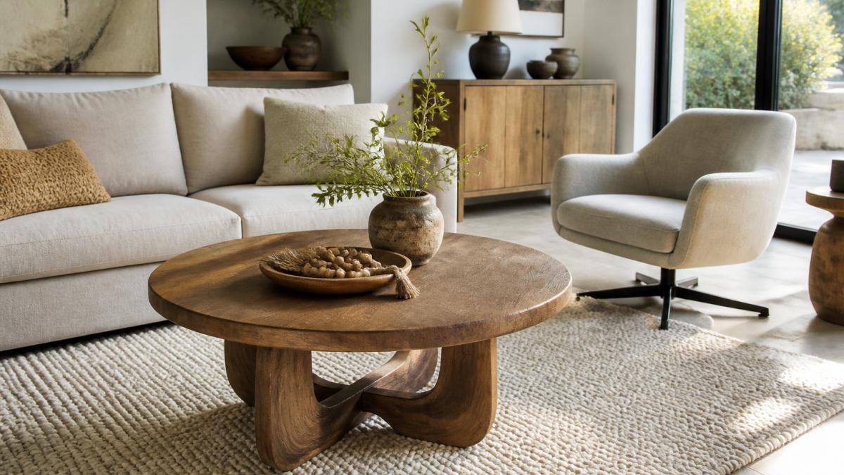 A bright modern living room with a round reclaimed teak coffee table on an interlocking wood base, a clean-lined swivel chair in neutral fabric, and a hand-tufted wool rug, styled with natural daylight and soft earth tones