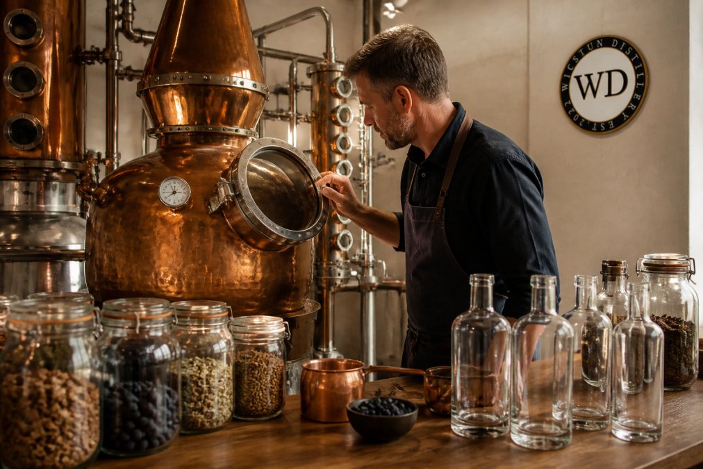 Distiller inspecting a copper pot still during artisanal gin distillation in a sunlit craft workshop.