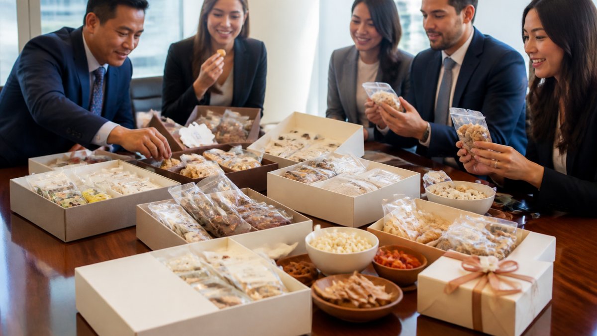 Elegantly arranged artisanal Hawaiian snack gift boxes displayed on a polished conference table with business professionals in suits reaching for samples and examining packaging in bright office lighting