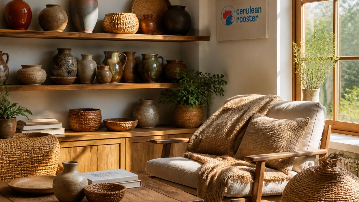 Cozy living room corner with handmade ceramic vases, woven baskets, wooden furniture, and natural textiles displayed on shelves and tables, warm natural lighting streaming through a window