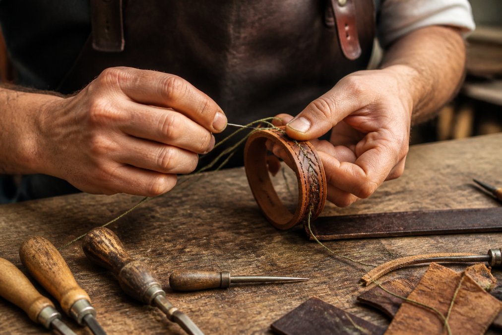 Close-up of an artisan's hands stitching a full-grain leather bracelet on a wooden workbench, with hand tools and leather scraps visible in warm workshop lighting