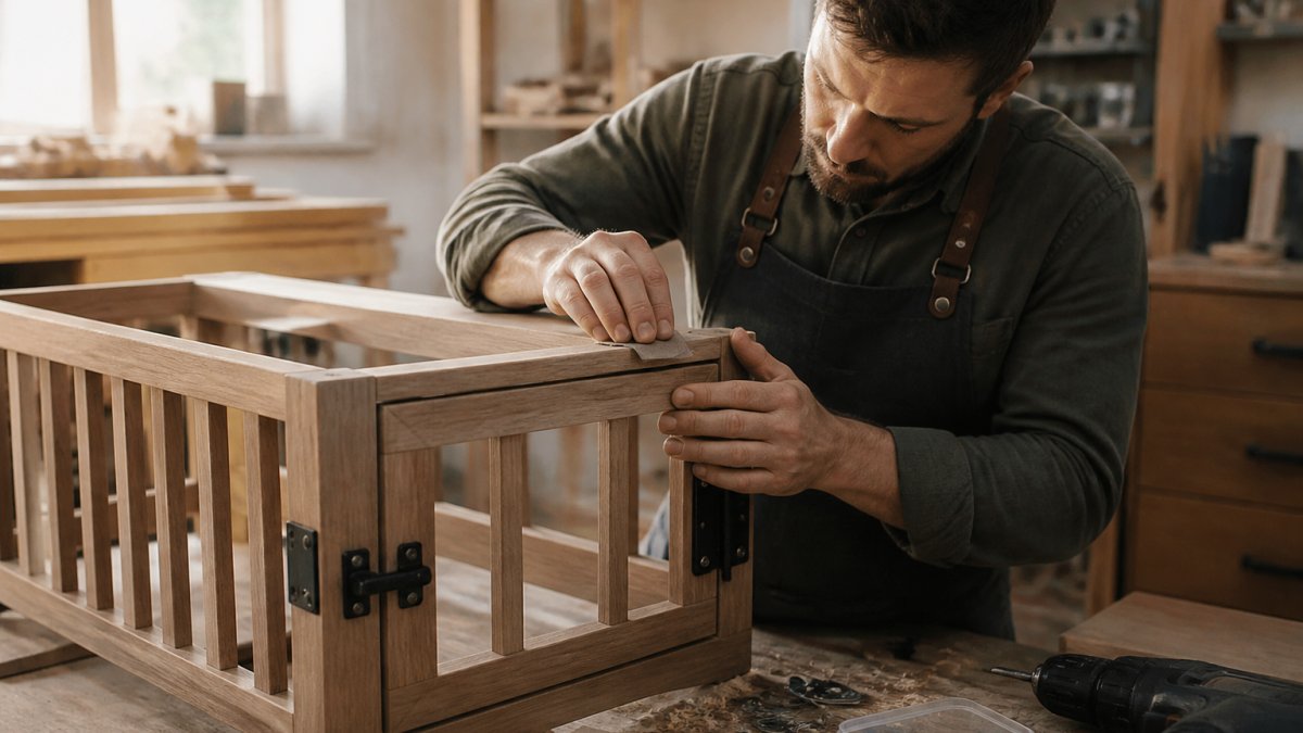 Artisan hands sanding the detailed wooden frame of a dog crate in a bright workshop with wood shavings.