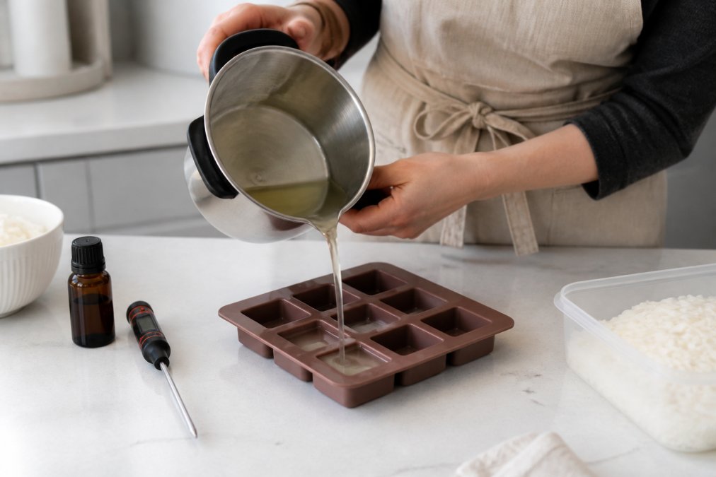 Person pouring melted wax into a silicone mold for wax melt making on a clean kitchen counter