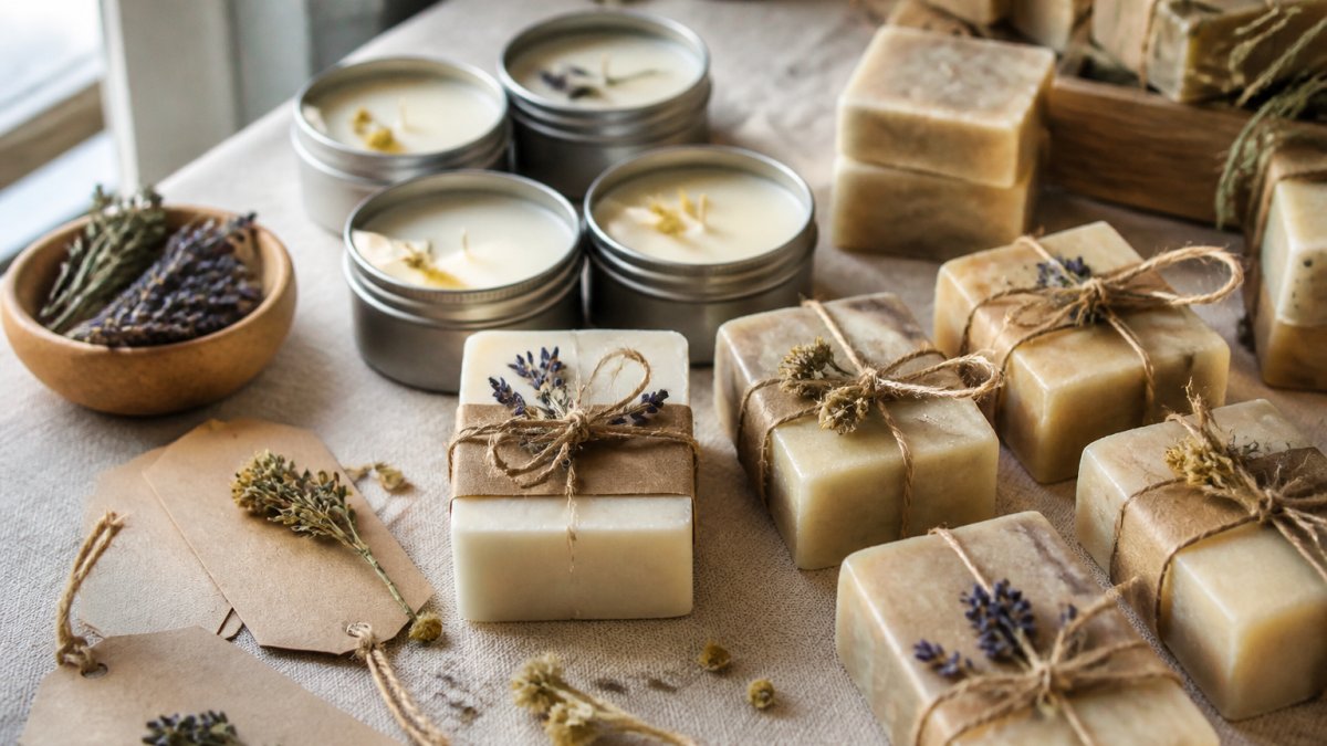 Close-up of small-batch candle tins and wrapped soap bars arranged on a linen-covered table with dried botanicals and kraft favor tags, soft natural window light