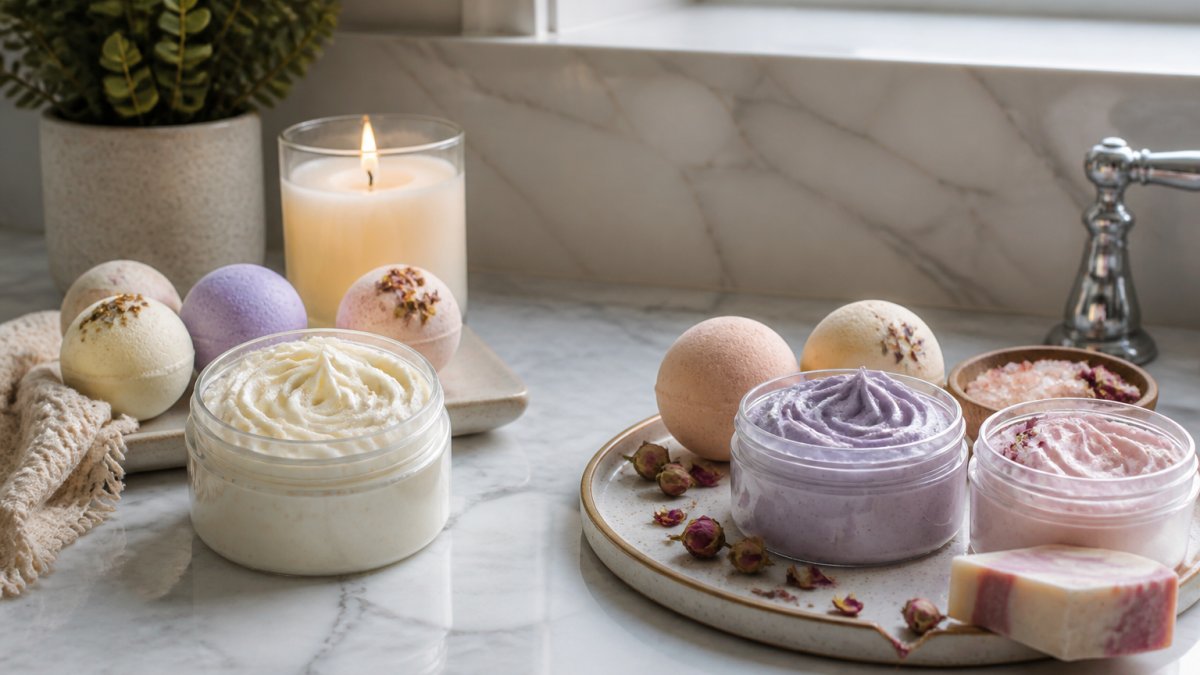 A flat lay on a marble bathroom counter showing two artisan bath and body product collections side by side, with whipped soap jars, bath bombs and a lit candle, soft natural light from a window
