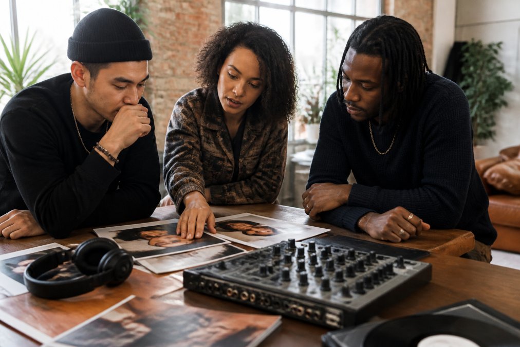 Independent label team collaborating in creative workspace reviewing production equipment and artist portfolio materials with natural lighting