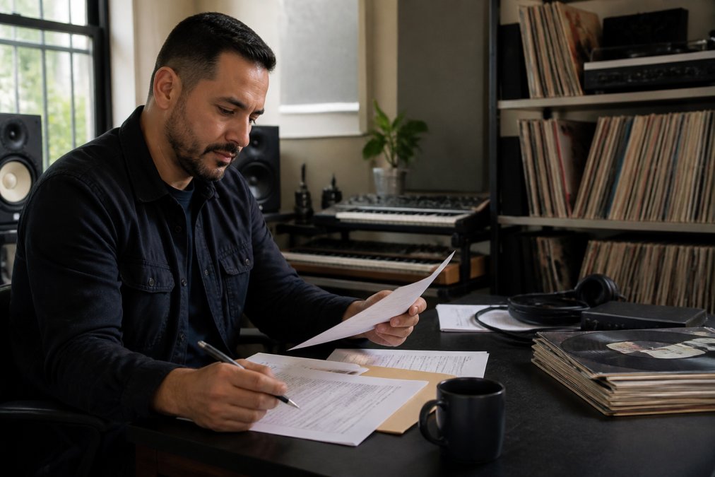 Music label manager reviewing artist contracts and release schedules on a laptop in a modern home studio, with vinyl records and music production equipment visible on shelves in soft natural lighting