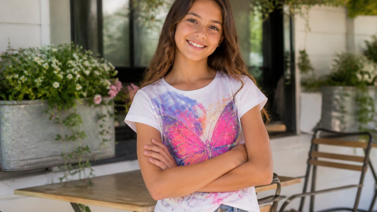 Confident tween girl wearing a colorful rhinestone-embellished tee with a positive message in a sunlit room