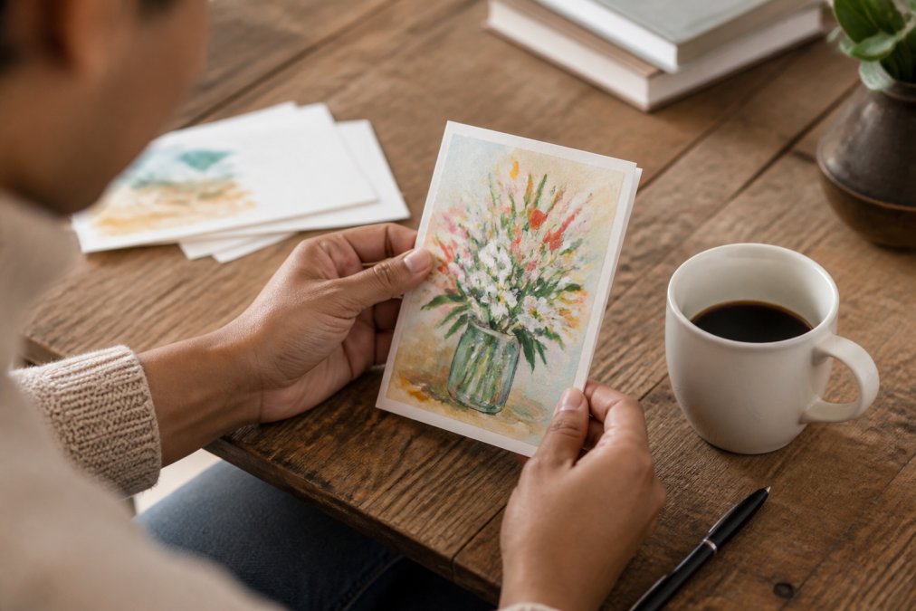 A person's hands holding a hand-painted greeting card with a colorful, expressive illustration, a cup of coffee and a pen on a wooden table nearby, warm natural light
