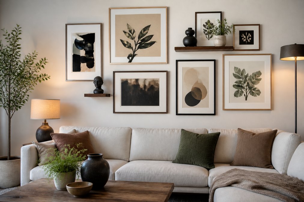 Carefully arranged gallery wall in a modern living room featuring a mix of framed abstract prints, botanical artwork, and small sculptural pieces on floating shelves, creating a cohesive focal point above a neutral sofa with warm accent lighting