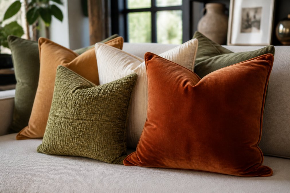 Close-up of layered velvet and textured accent pillows in complementary earthy tones arranged on a modern living room sofa, showing how different textures and colors work together with warm natural lighting