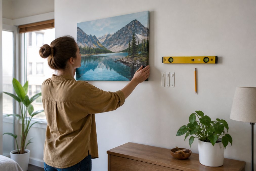 Person using adhesive strips and a level to hang canvas art on a wall