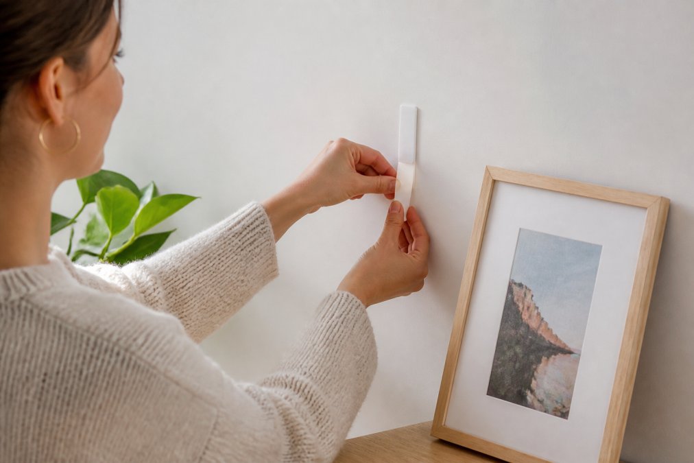 A renter's hand peeling the backing off a removable adhesive strip and pressing it onto a painted apartment wall, with a framed small art print resting nearby on a table