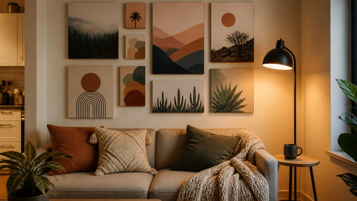 Diagram illustrating a grid layout for a gallery wall in a cozy living room space