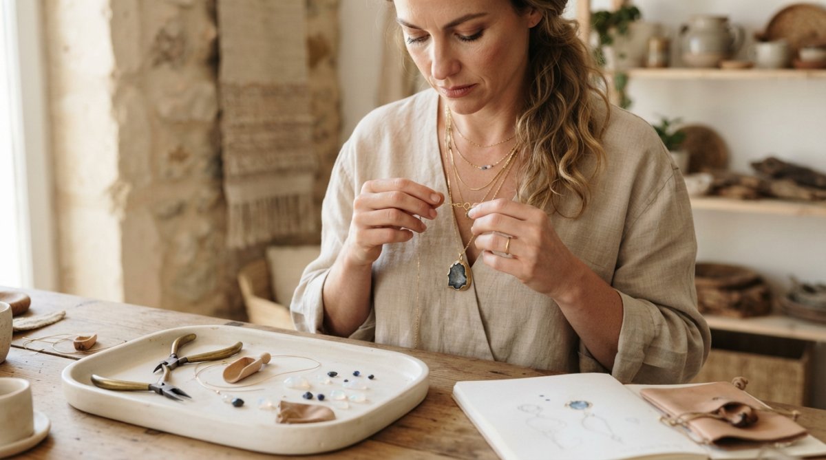 A woman in a neutral-toned linen outfit layering a sculptural gemstone pendant necklace with delicate gold chains, photographed in soft natural light against a warm minimalist interior